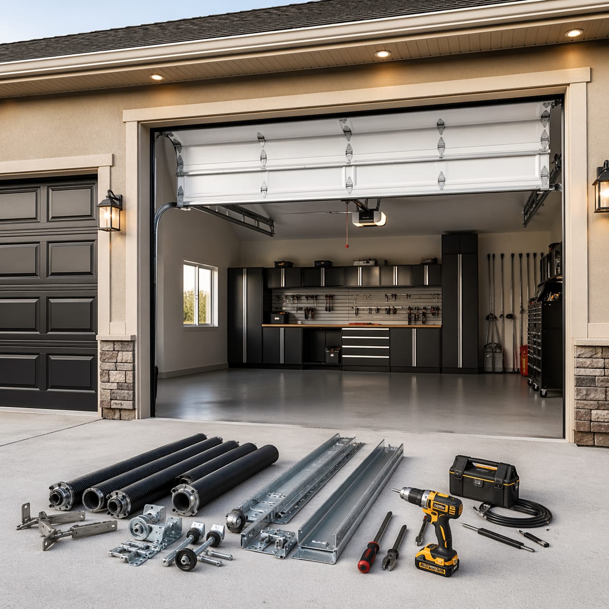 Professional garage door technician performing repair